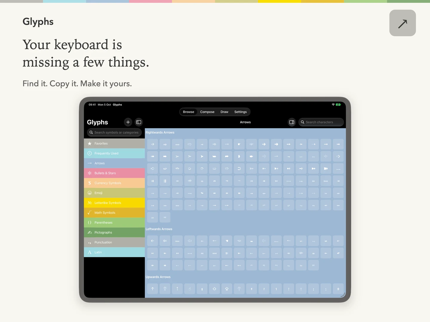 Glyphs on iPad showing Browse and its colorful symbol collections