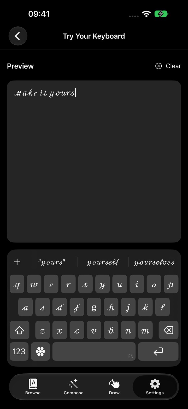 Try Glyphs Keyboard showing the Script style and letter keyboard