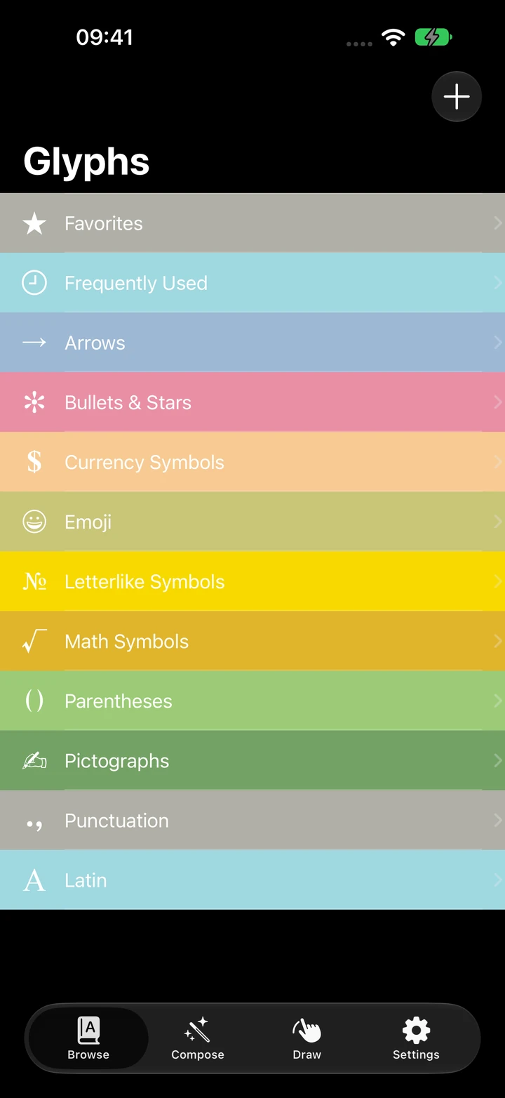 Glyphs Browse screen with a large navigation title, search, and colorful symbol categories