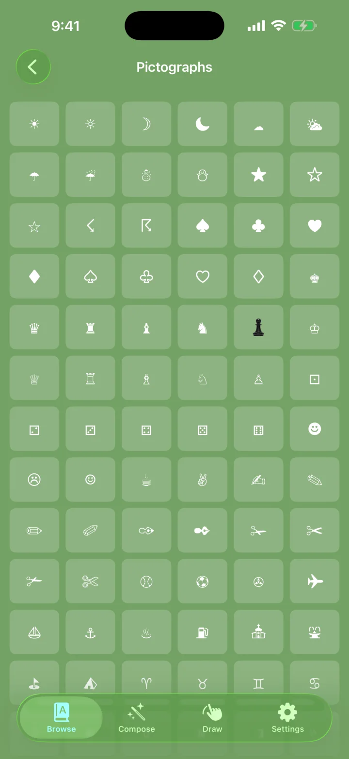 Glyphs category list with colorful rows and native search.