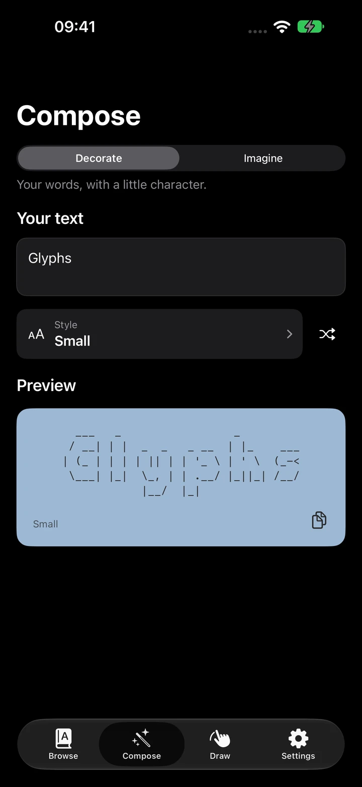 Glyphs Compose previews with integrated copy controls and Small text art