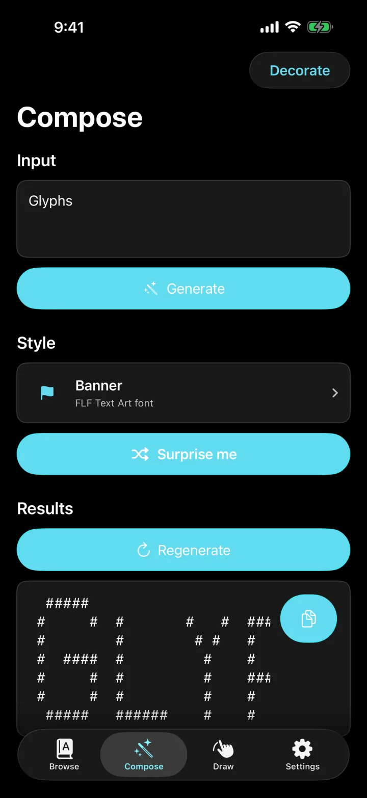 Glyphs Compose screen for generating Unicode text art.
