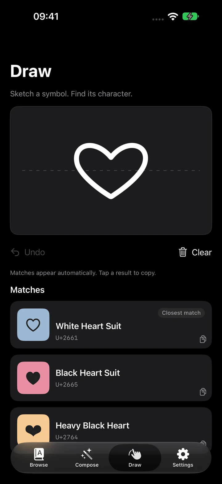 A hand-drawn heart and matching Unicode hearts in Glyphs Draw