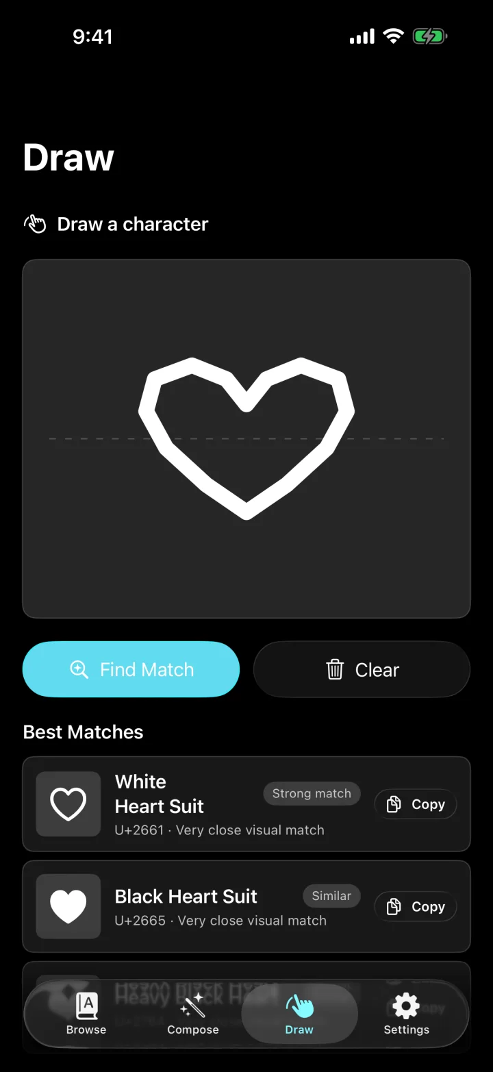 Glyphs Draw screen matching a hand-drawn heart to Unicode symbols.