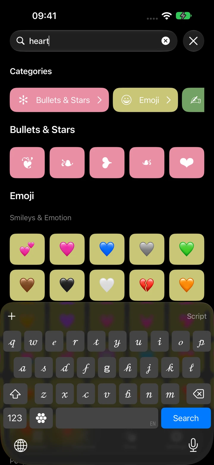 Browse search for heart showing matching categories and Unicode symbols